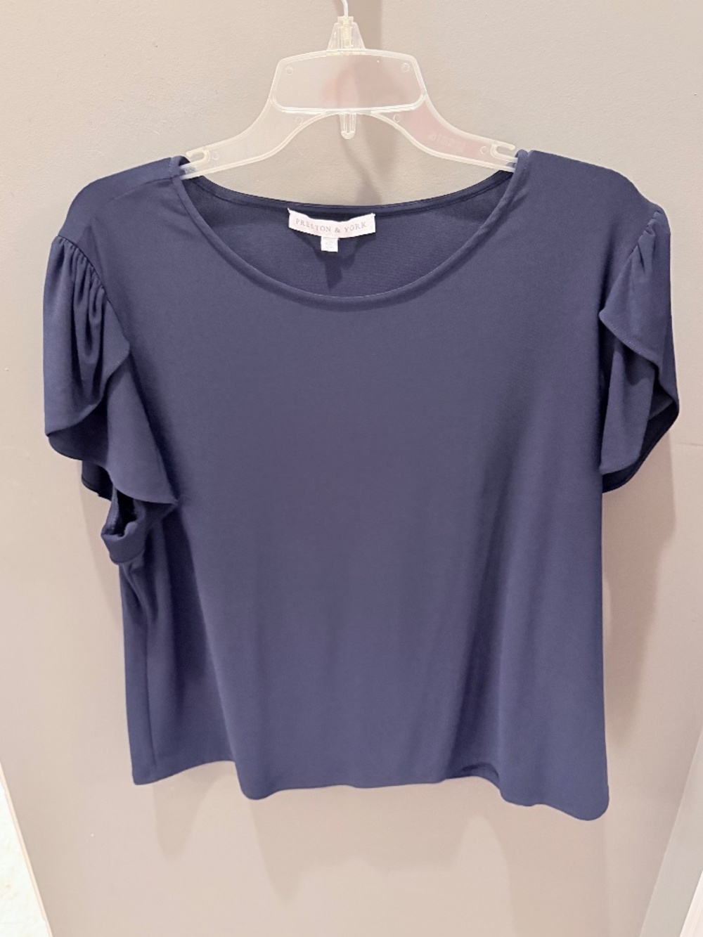 Blue flutter sleeve jersey knit blouse. Size XXL